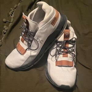On Running Womens Cloud Athletic Sneakers in White with Brown Accents